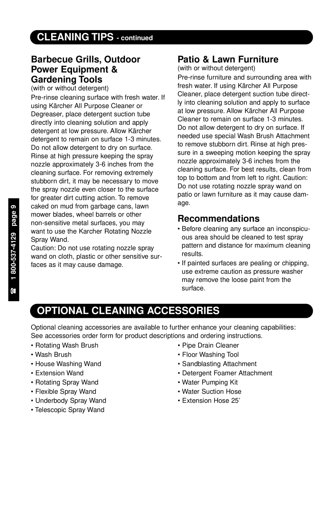 Karcher 1800 specifications Cleaning Tips, Optional Cleaning Accessories 