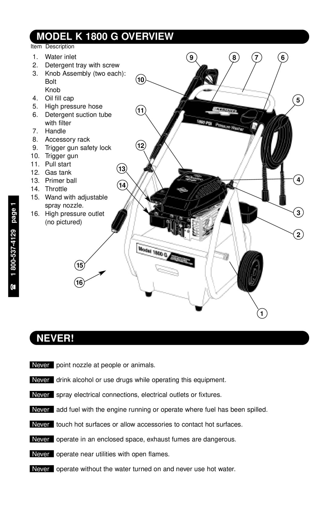 Karcher specifications Model K 1800 G Overview, Never 