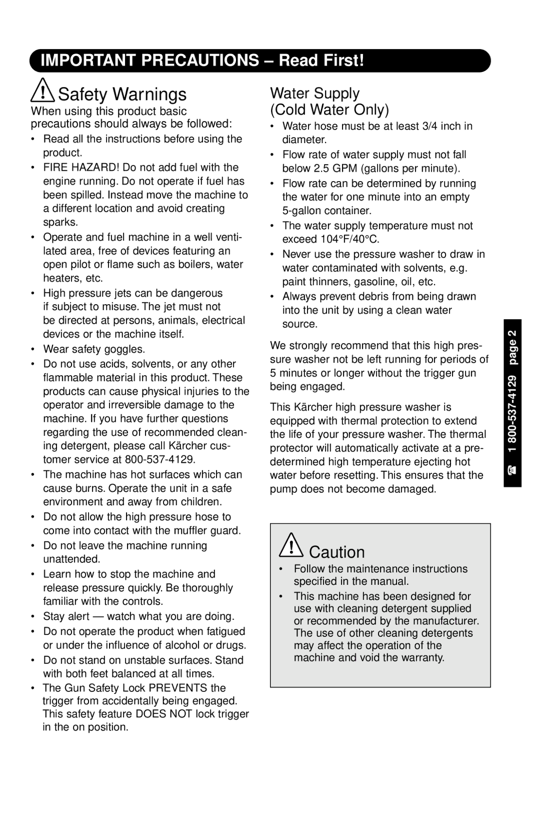 Karcher 1800 specifications Safety Warnings, Important Precautions Read First 