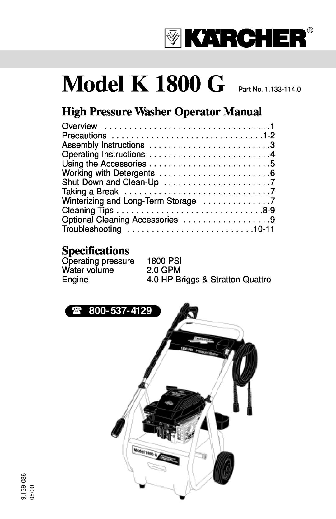 Karcher 1800 specifications High Pressure Washer Operator Manual, Specifications 