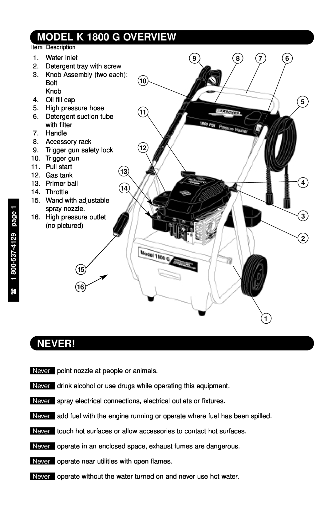 Karcher specifications MODEL K 1800 G OVERVIEW, Never, 537-4129page, 10 5 11 12, point nozzle at people or animals 