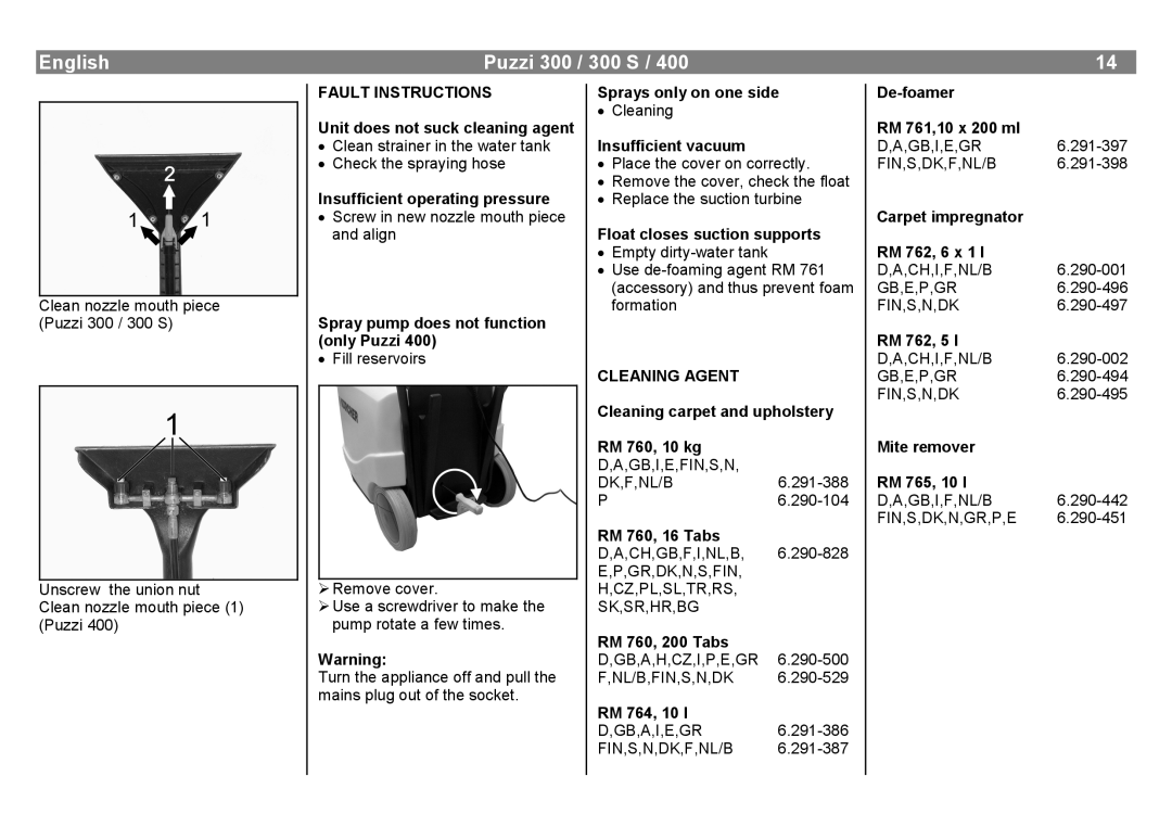 Karcher 400, 300 S manual Fault Instructions, Cleaning Agent 