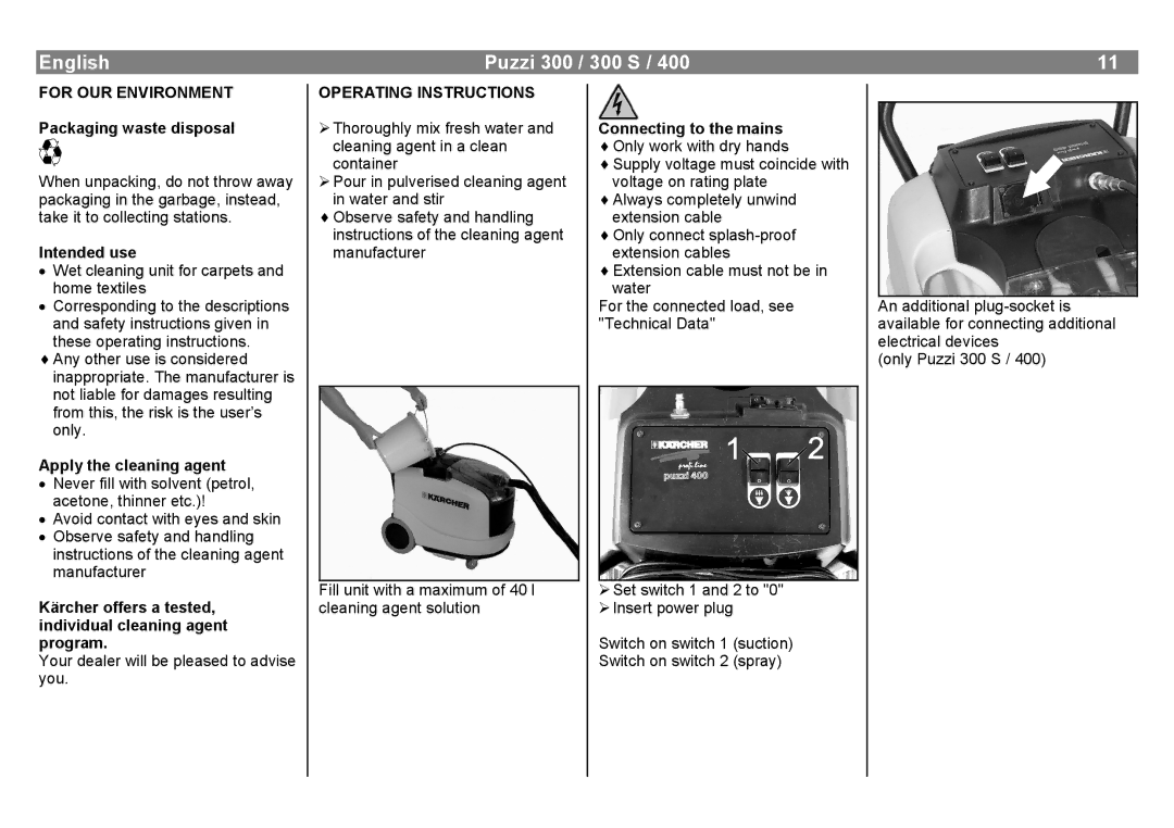 Karcher 400 manual English Puzzi 300 / 300 S, For OUR Environment, Operating Instructions 