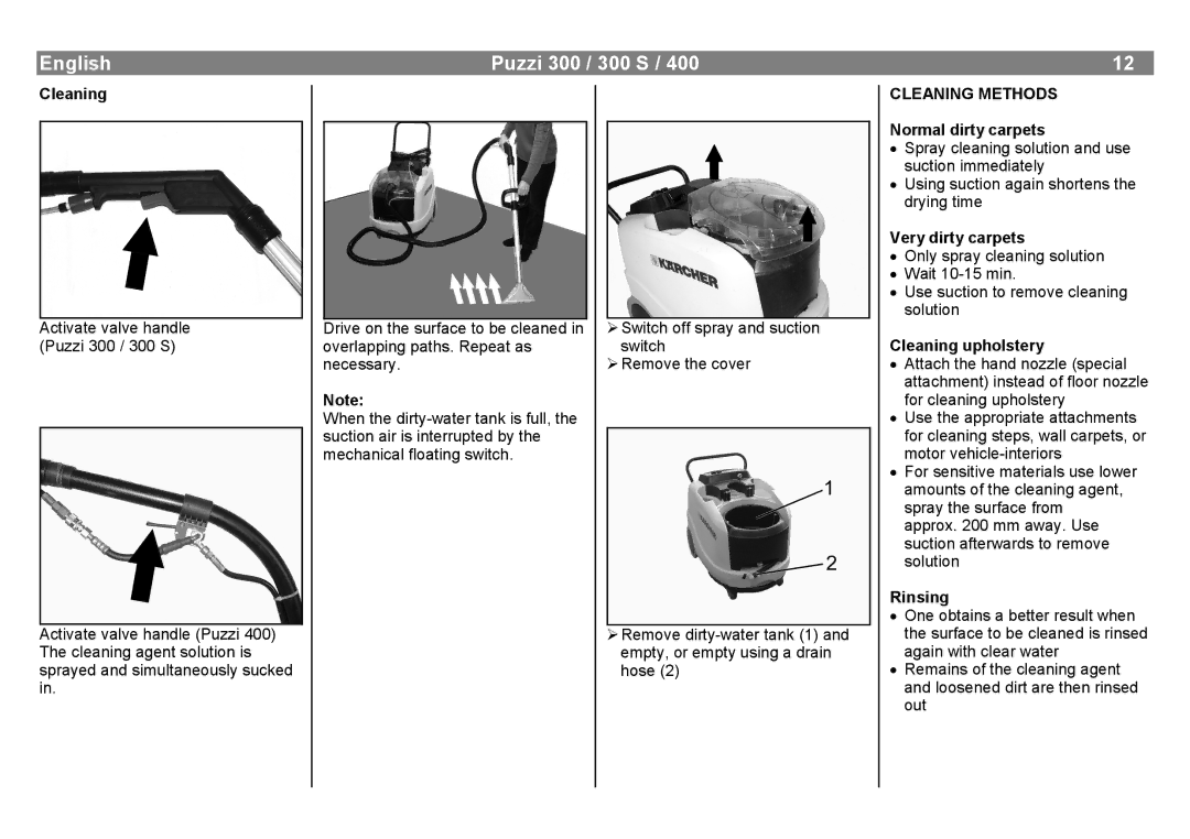 Karcher 300 S, 400 manual English, Cleaning Methods 