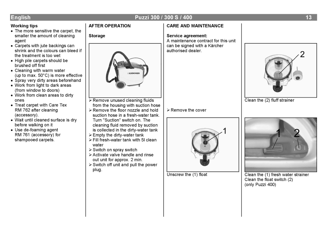 Karcher 400, 300 S manual Working tips, After Operation, Storage, Care and Maintenance, Service agreement 