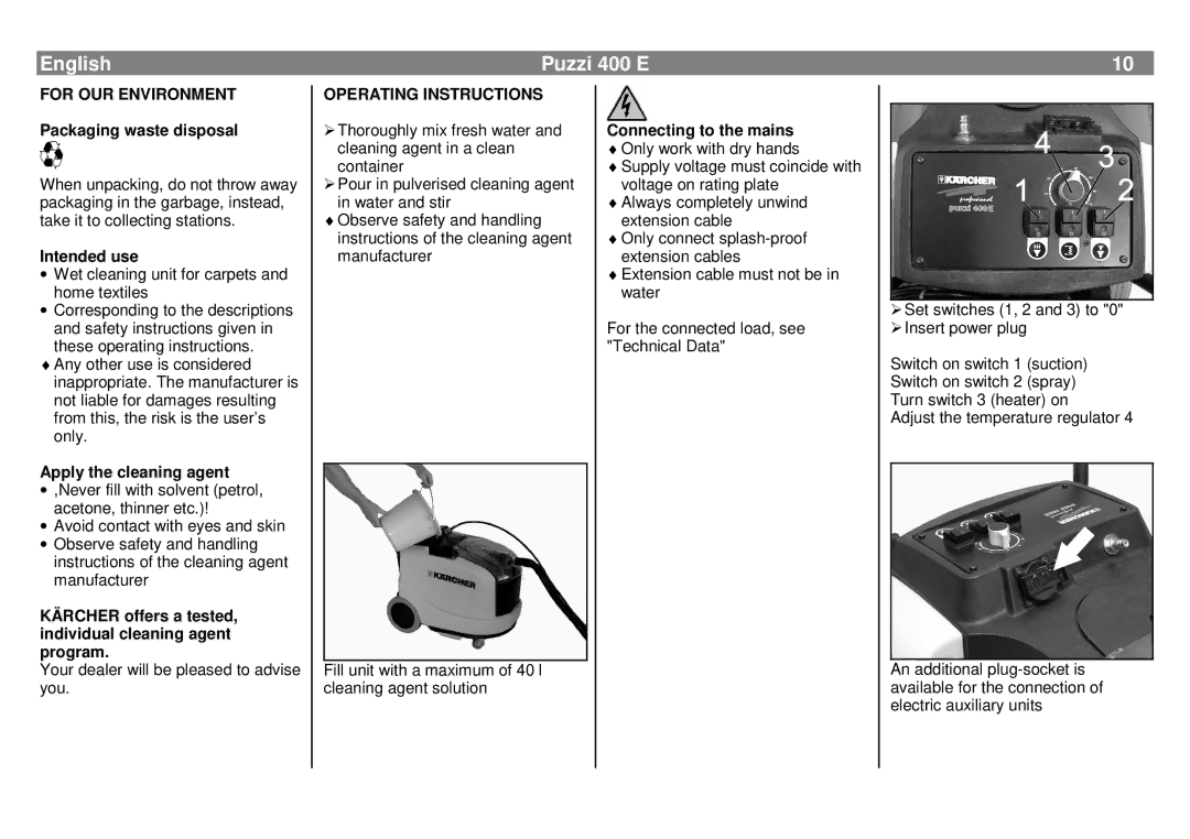 Karcher manual English Puzzi 400 E, For OUR Environment, Operating Instructions 