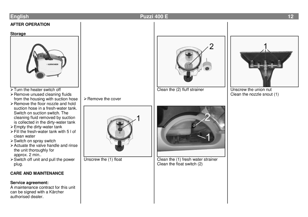 Karcher 400 E manual English, After Operation, Storage, Care and Maintenance, Service agreement 