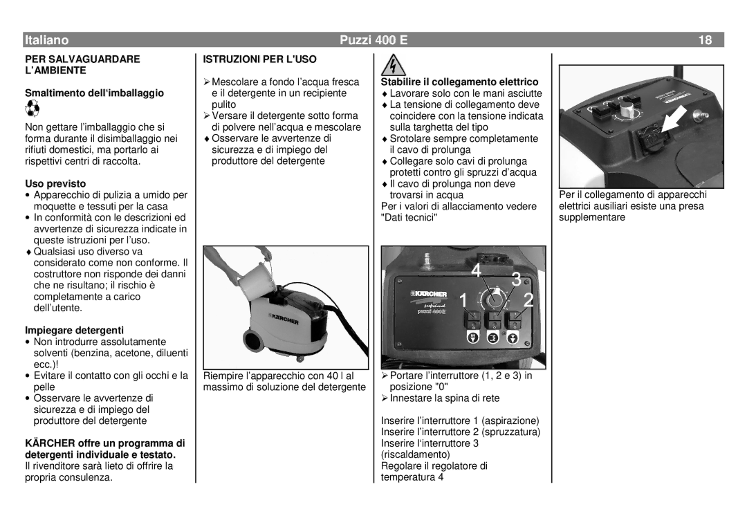 Karcher manual Italiano Puzzi 400 E, PER Salvaguardare ’AMBIENTE, Istruzioni PER Luso 