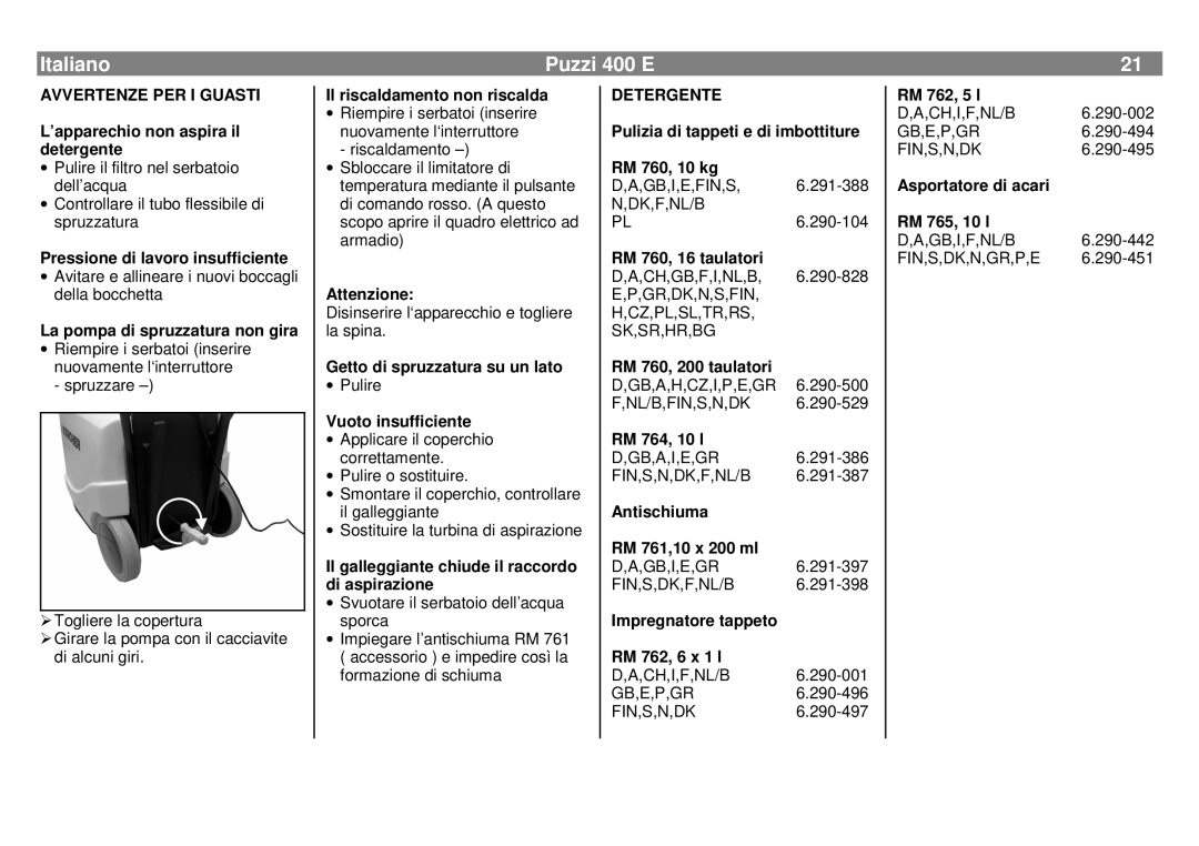 Karcher 400 E manual Avvertenze PER I Guasti, Detergente 