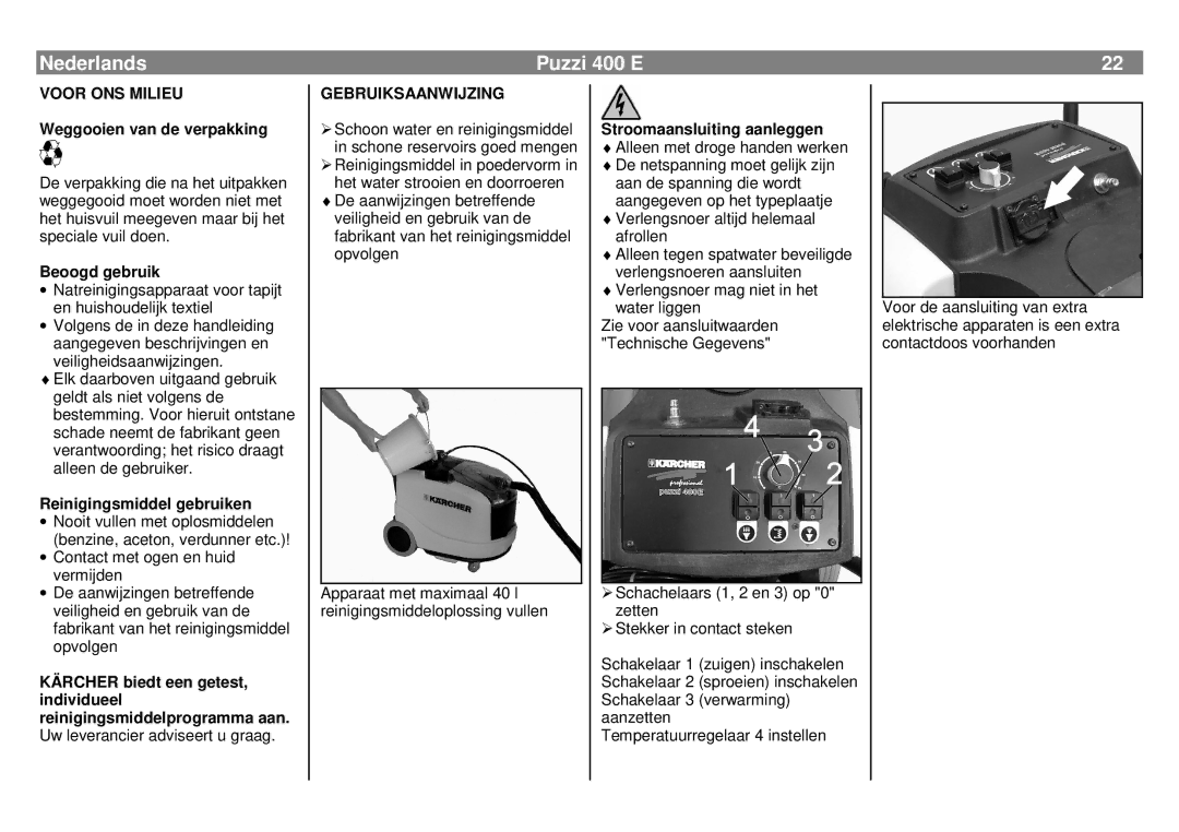 Karcher manual Nederlands Puzzi 400 E, Voor ONS Milieu, Gebruiksaanwijzing 