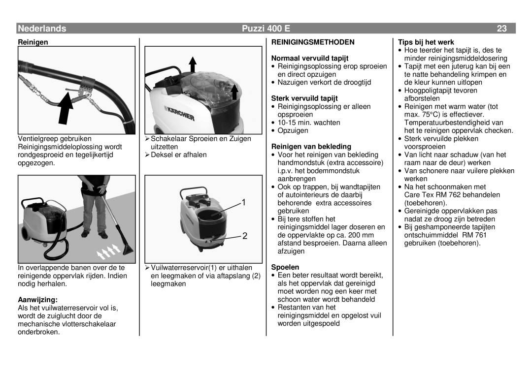 Karcher 400 E manual Reinigingsmethoden 