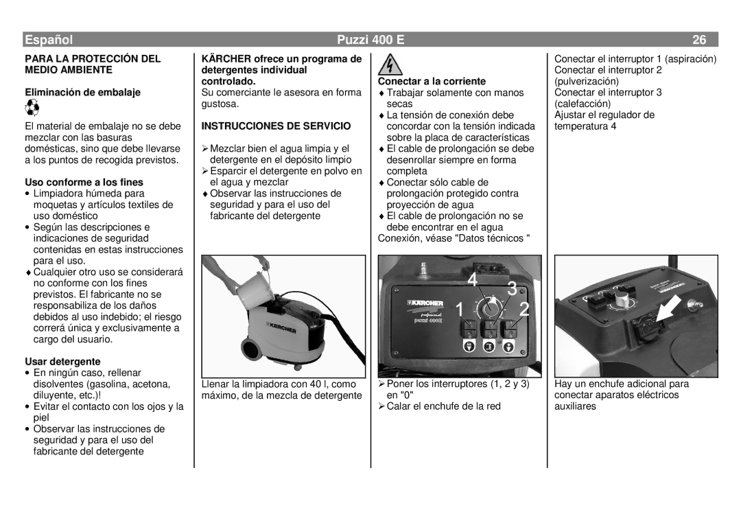 Karcher manual Español Puzzi 400 E, Para LA Protección DEL Medio Ambiente, Instrucciones DE Servicio 