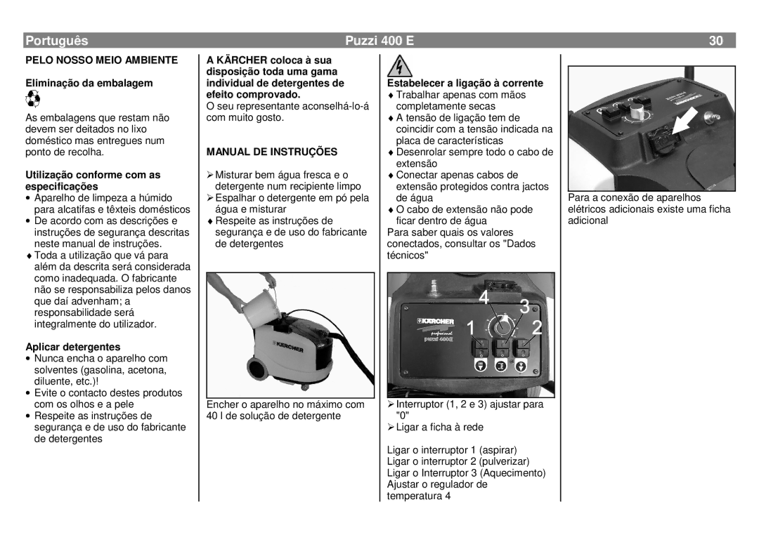 Karcher manual Português Puzzi 400 E, Pelo Nosso Meio Ambiente, Manual DE Instruções 