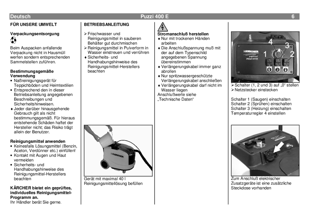 Karcher manual Deutsch Puzzi 400 E, FÜR Unsere Umwelt, Betriebsanleitung 