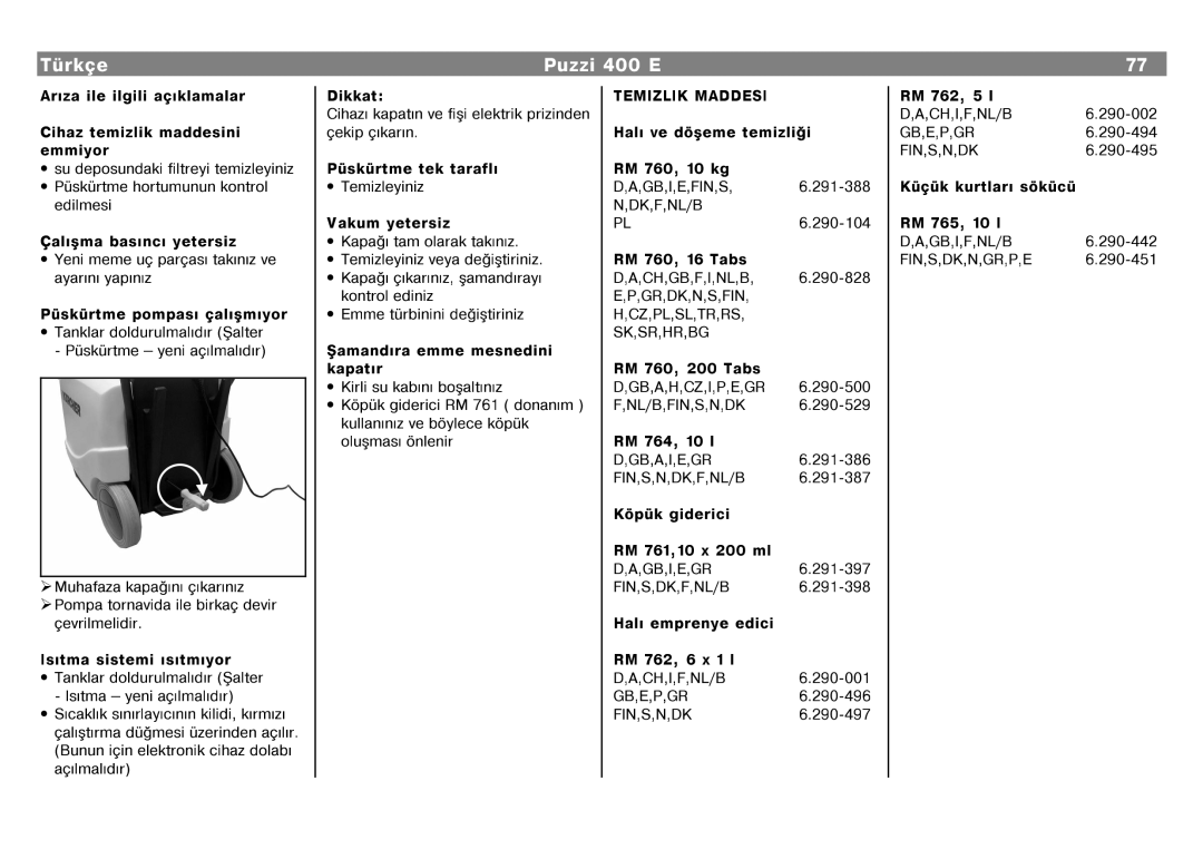 Karcher 400 E manual ∙NáDPPHSDWÄUPDQGÄUDW‹ULQLHPPH, 3ŸVNŸUWPHWHNWDUDIOÄ, ∙ 7HPLOH\LQL 