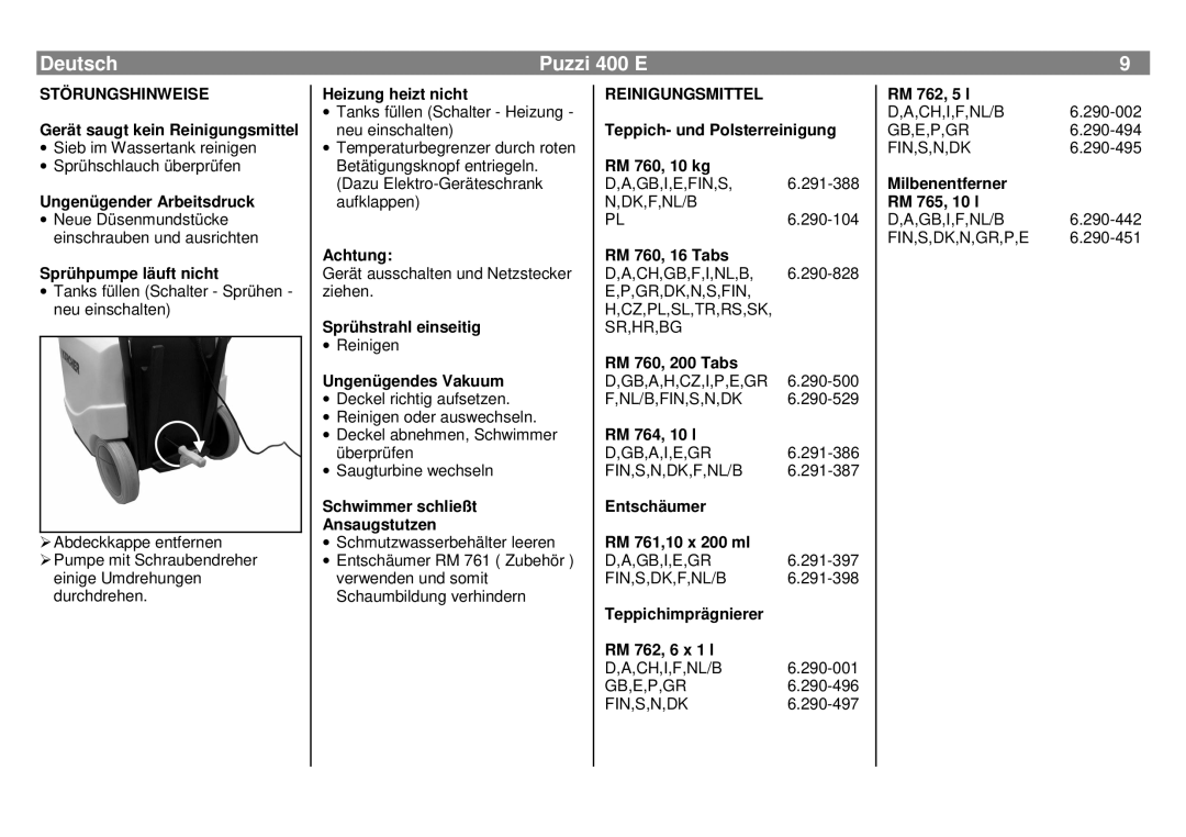 Karcher 400 E manual Störungshinweise, Reinigungsmittel 