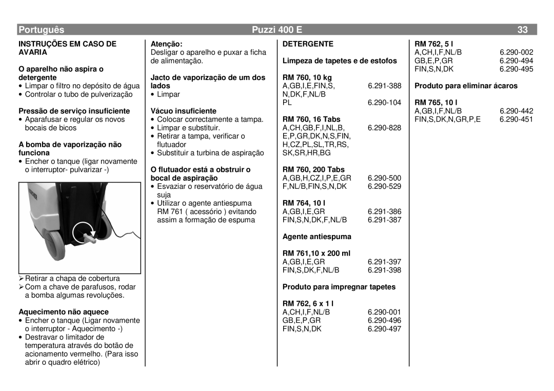 Karcher Português, Puzzi 400 E, Instruções Em Caso De Avaria, O aparelho não aspira o detergente, Atenção, RM 764, 10 l 