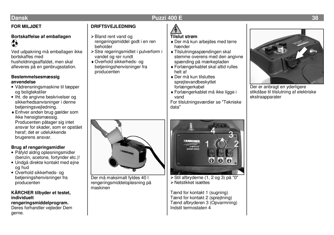 Karcher manual Dansk, Puzzi 400 E, FOR MILJØET Bortskaffelse af emballagen, Brug af rengøringsmidler, Driftsvejledning 
