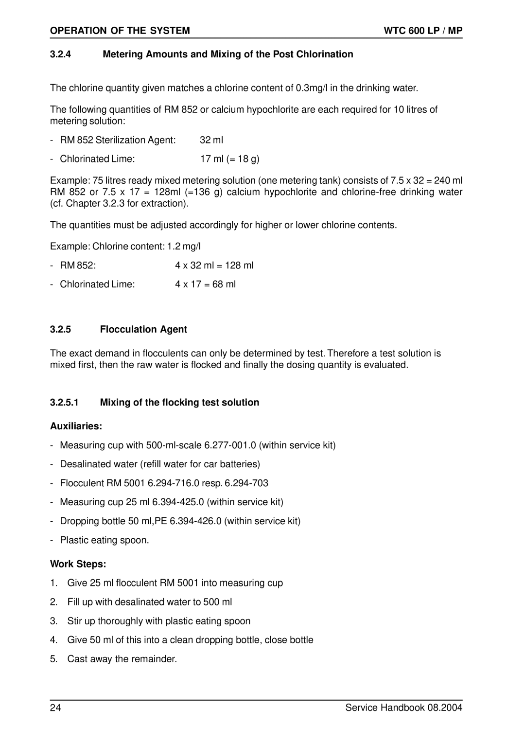 Karcher 600 CD manual Metering Amounts and Mixing of the Post Chlorination, Flocculation Agent, Work Steps 