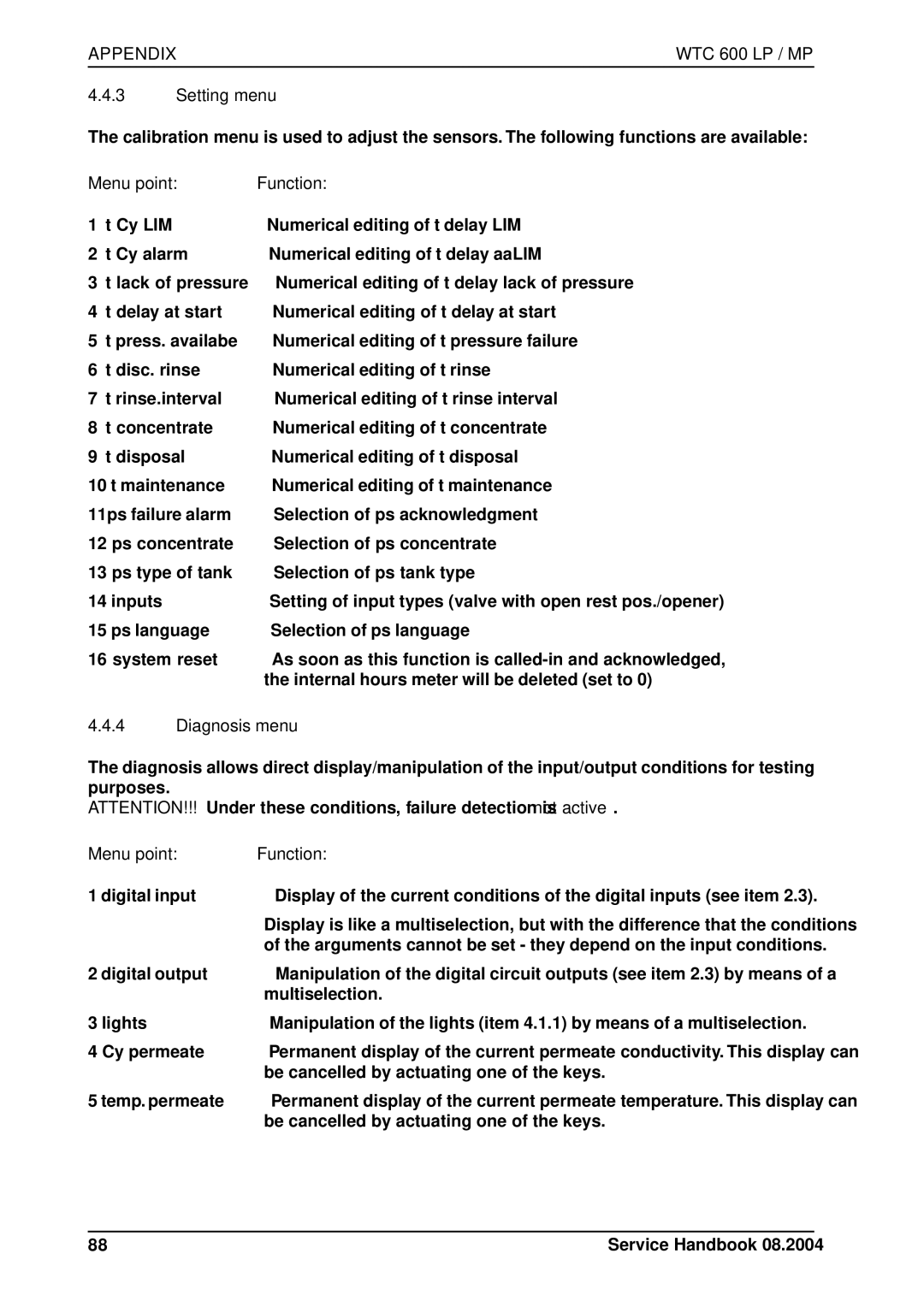 Karcher 600 CD manual Setting menu, Diagnosis menu 