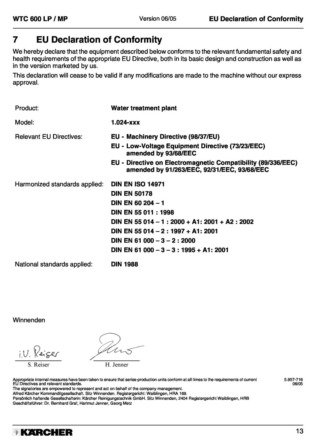 Karcher 600 MP manual EU Declaration of Conformity, WTC 600 LP / MP 