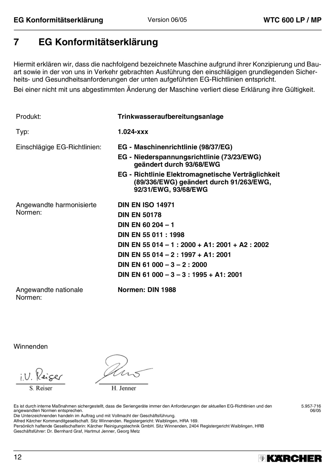 Karcher A 2011201 manual EG Konformitätserklärung, Normen DIN 