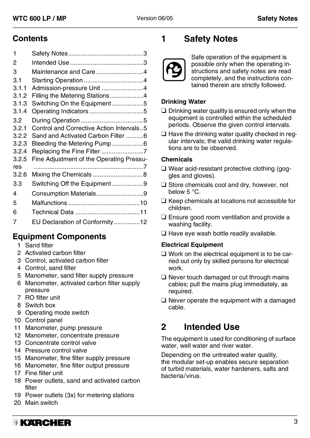 Karcher A 2011201 manual Safety Notes, Intended Use, Contents, Equipment Components 