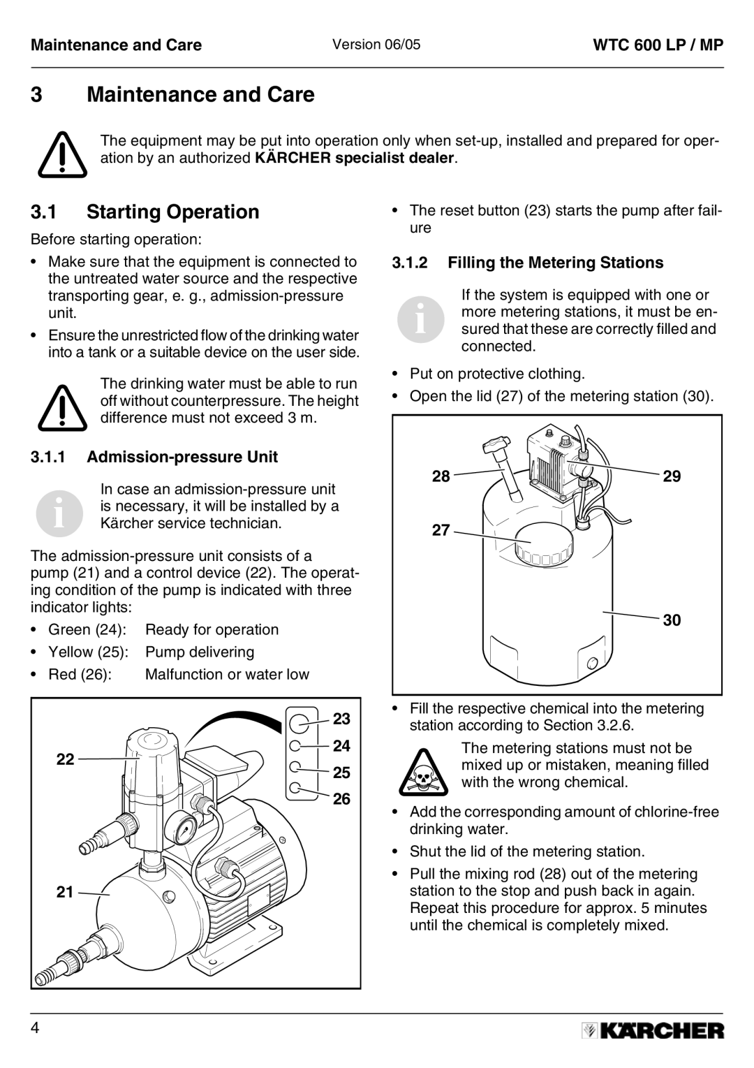 Karcher A 2011201 manual Maintenance and Care, Starting Operation, Filling the Metering Stations, Admission-pressure Unit 