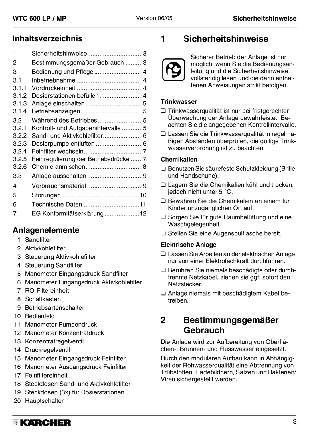 Karcher A 2011201 manual Sicherheitshinweise, Bestimmungsgemäßer Gebrauch, Inhaltsverzeichnis, Anlagenelemente 