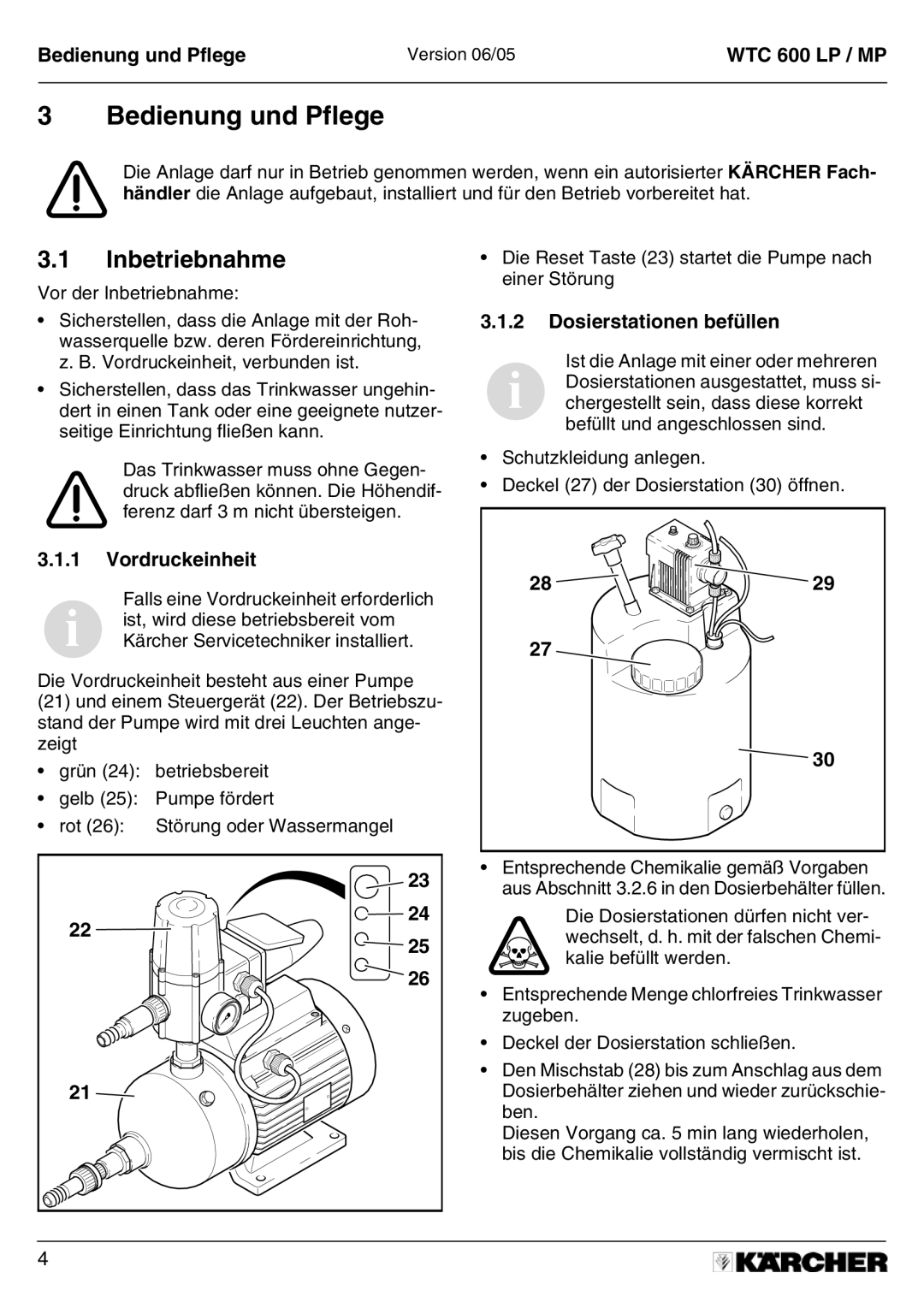 Karcher A 2011201 manual Bedienung und Pflege, Inbetriebnahme, Dosierstationen befüllen, Vordruckeinheit 