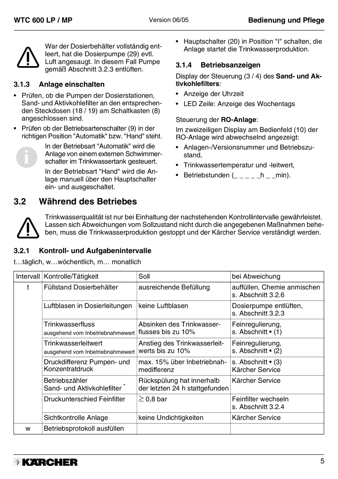 Karcher A 2011201 manual Während des Betriebes, Anlage einschalten, Betriebsanzeigen, Kontroll- und Aufgabenintervalle 