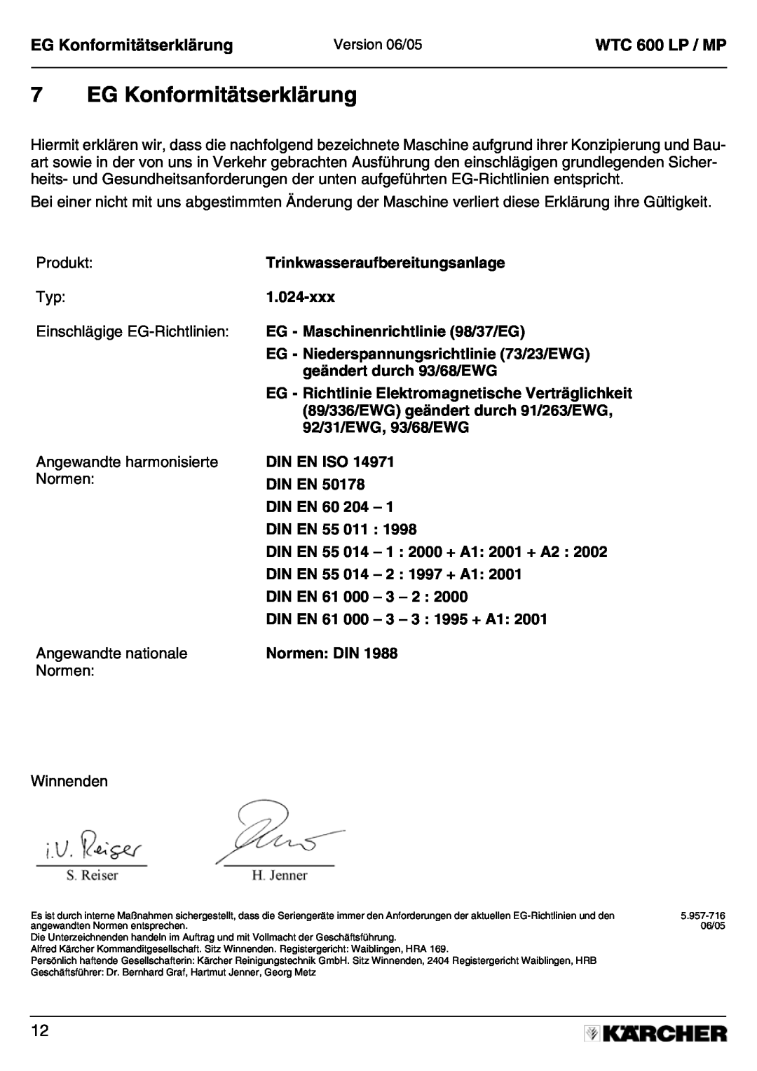 Karcher A 2011201 manual EG Konformitätserklärung, WTC 600 LP / MP 