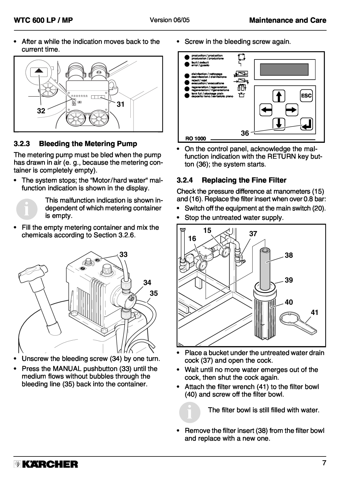 Karcher A 2011201 manual 3.2.3Bleeding the Metering Pump, 3.2.4Replacing the Fine Filter, 33 34 35, 15 38 39 40 41 