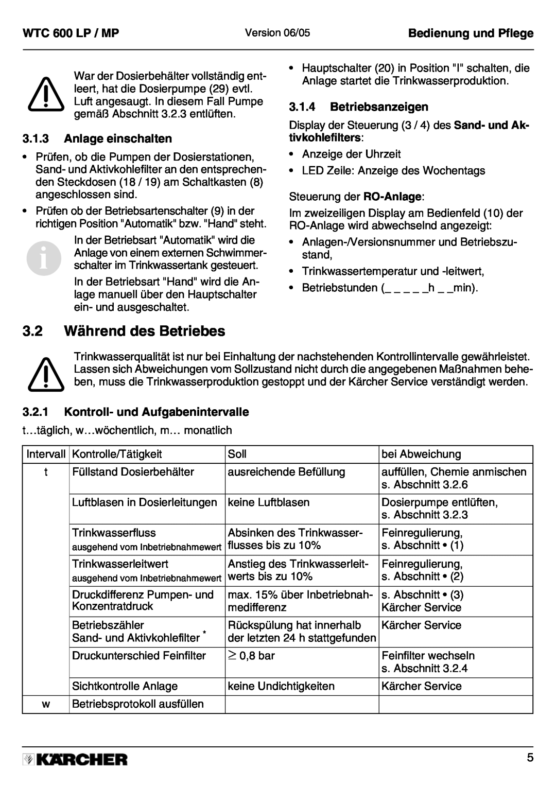 Karcher A 2011201 manual 3.2Während des Betriebes, 3.1.3Anlage einschalten, 3.1.4Betriebsanzeigen, WTC 600 LP / MP 
