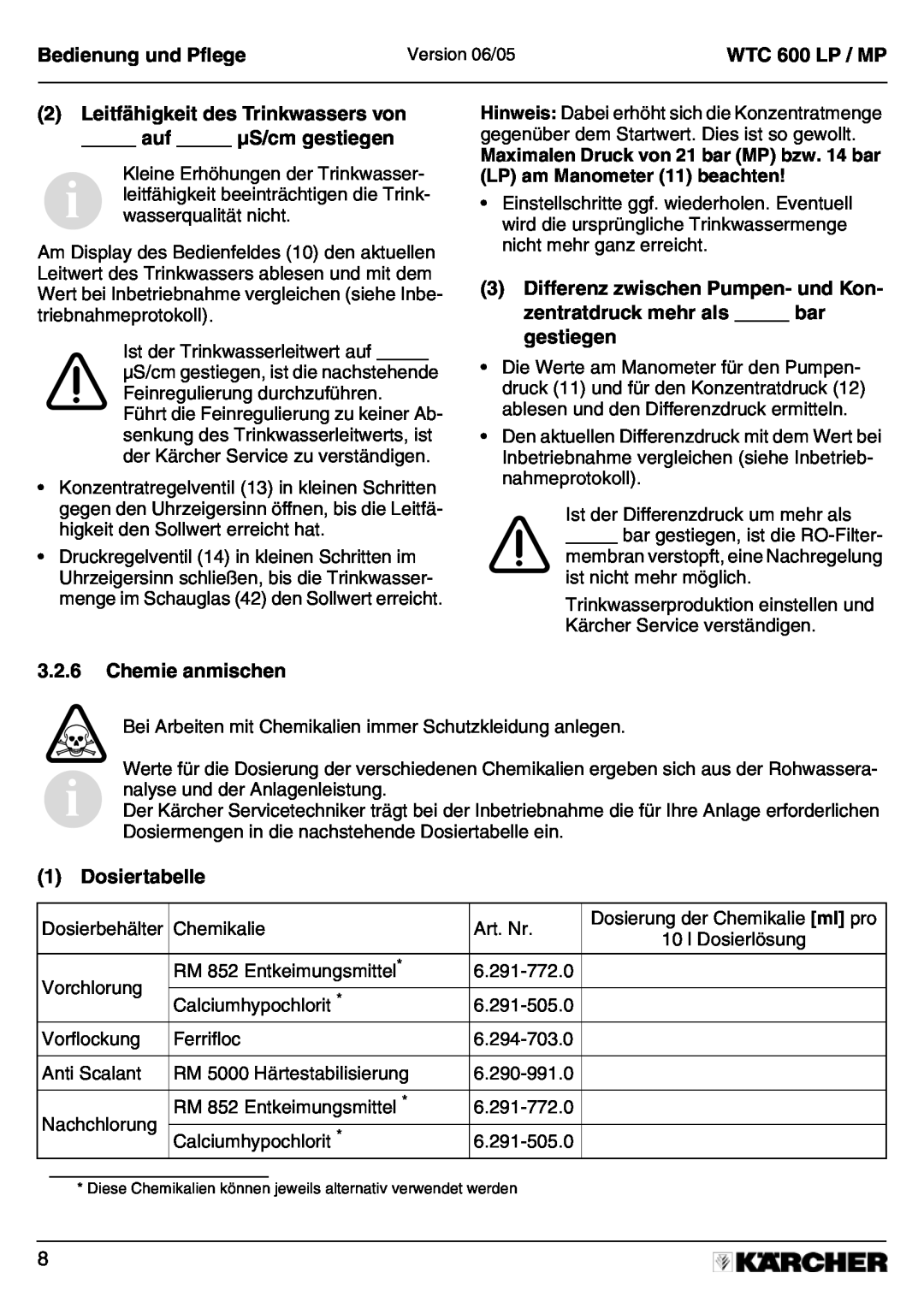 Karcher A 2011201 manual 2Leitfähigkeit des Trinkwassers von, auf µS/cm gestiegen, 3.2.6Chemie anmischen, Dosiertabelle 