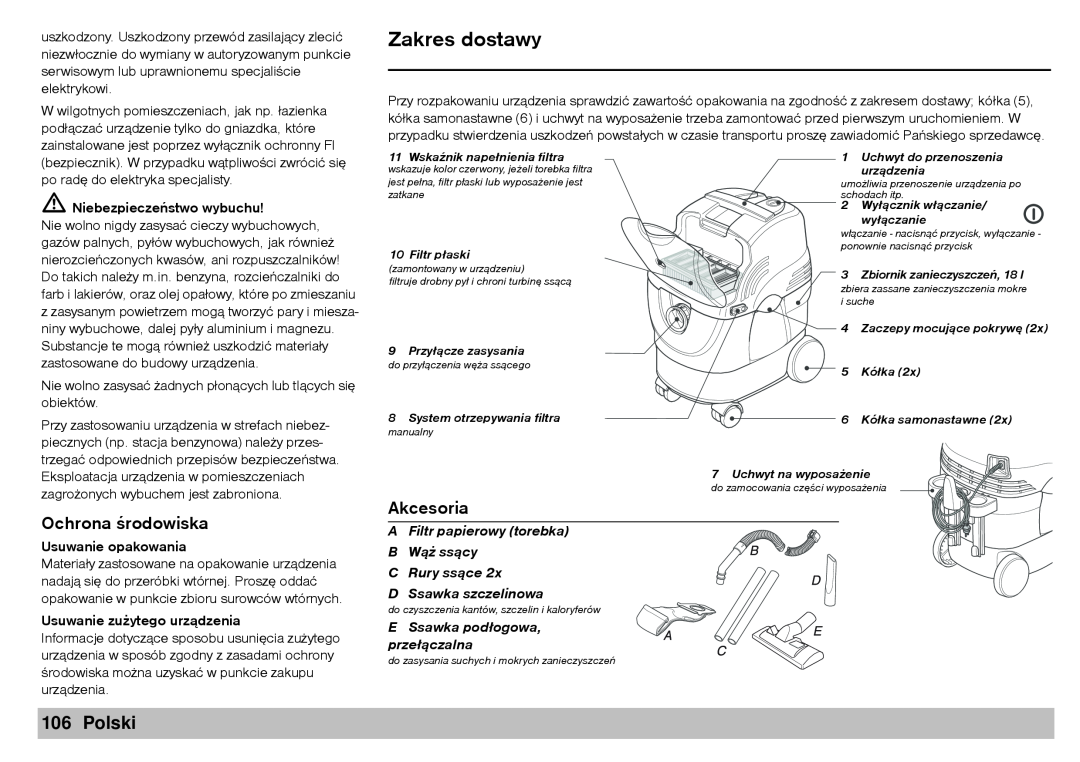 Karcher A 2701 manual Ochrona œrodowiska, Akcesoria, Polski, Niebezpieczeñstwo wybuchu, Usuwanie opakowania 
