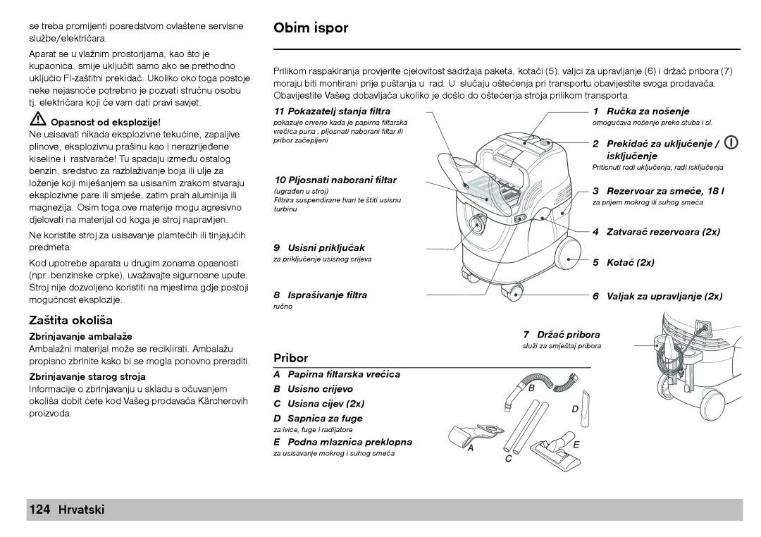 Karcher A 2701 manual Zaštita okoliša, Pribor, 124Hrvatski, Zbrinjavanje ambalaže, Zbrinjavanje starog stroja 