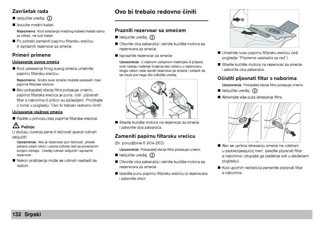 Karcher A 2701 Završetak rada, Primeri primene, Prazniti rezervoar sa smećem, Zameniti papirnu filtarsku vrećicu, Srpski 