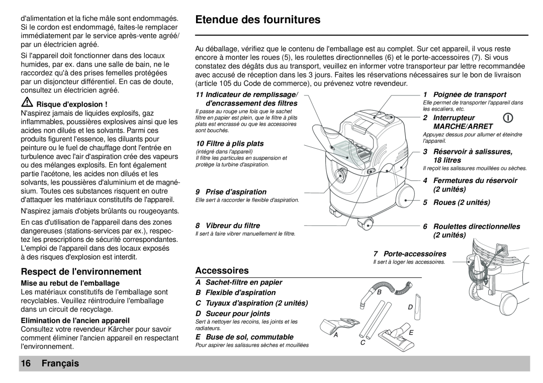 Karcher A 2701 manual Etendue des fournitures, Respect de lenvironnement, Accessoires, Français 
