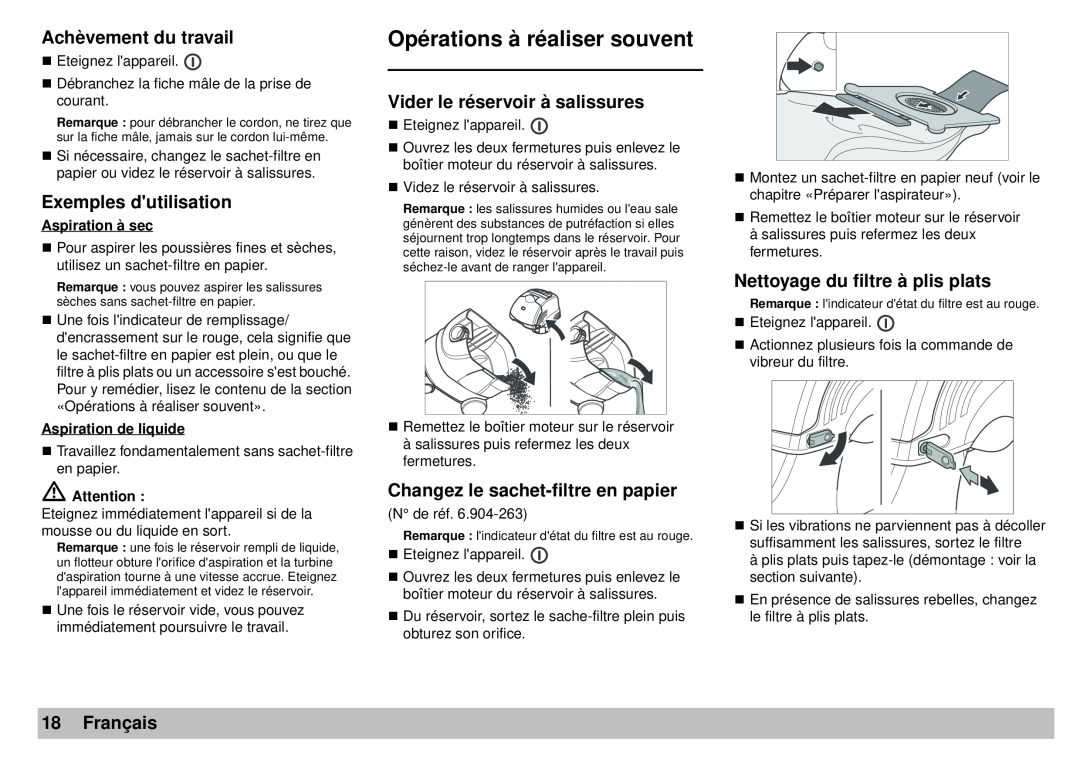 Karcher A 2701 manual Opérations à réaliser souvent, Achèvement du travail, Exemples dutilisation, Français 