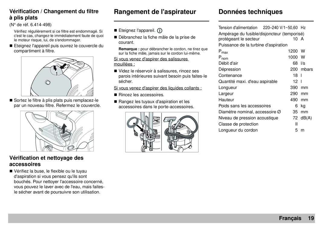 Karcher A 2701 Rangement de laspirateur, Données techniques, Vérification / Changement du filtre à plis plats, Français 