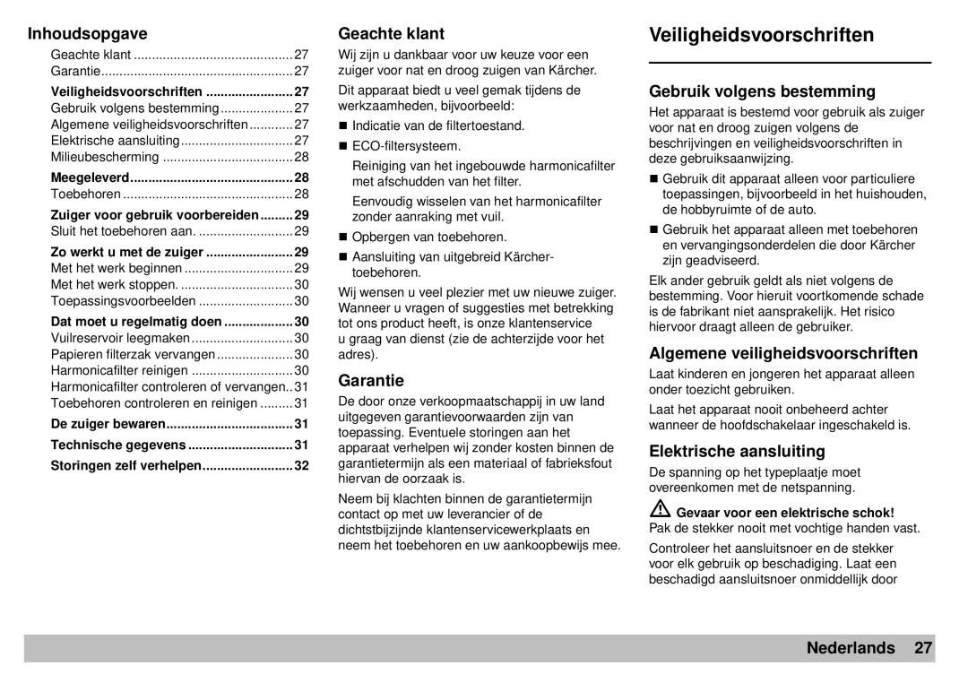 Karcher A 2701 Veiligheidsvoorschriften, Inhoudsopgave, Geachte klant, Garantie, Gebruik volgens bestemming, Nederlands 