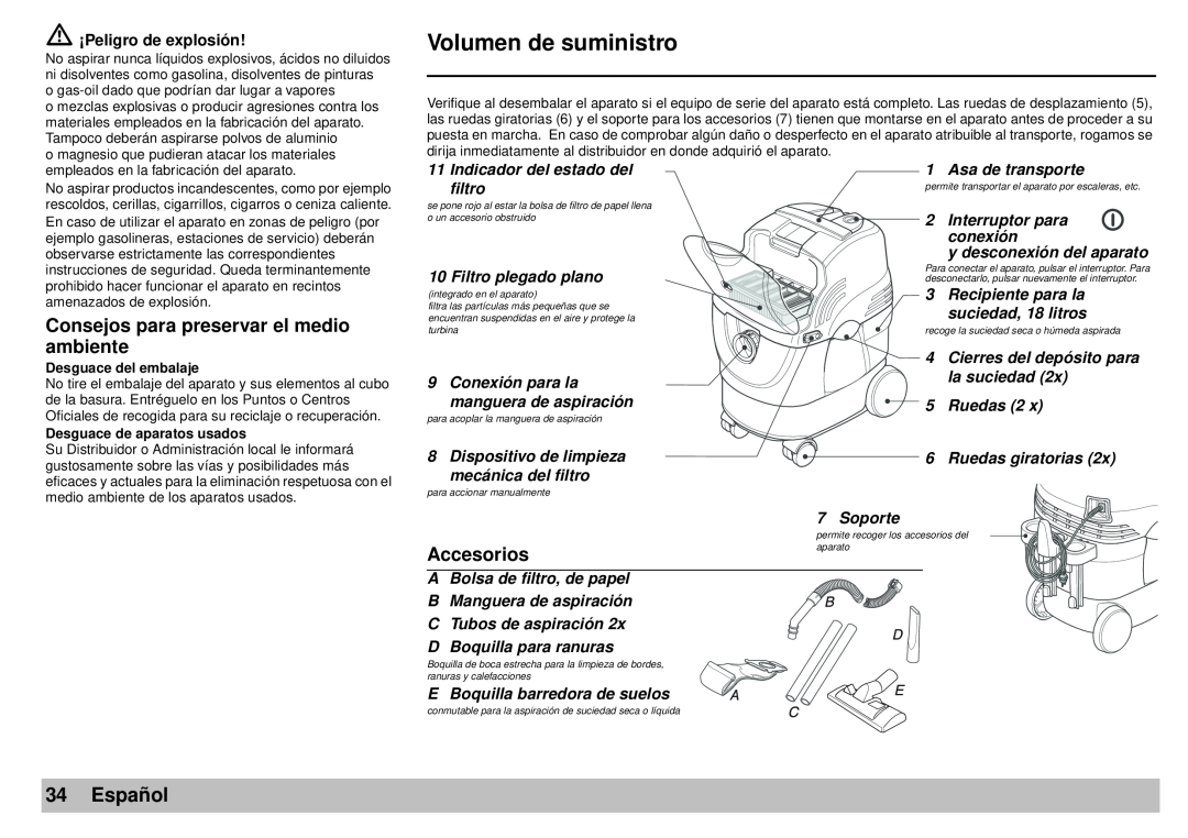 Karcher A 2701 manual Volumen de suministro, Consejos para preservar el medio ambiente, Accesorios, Español 