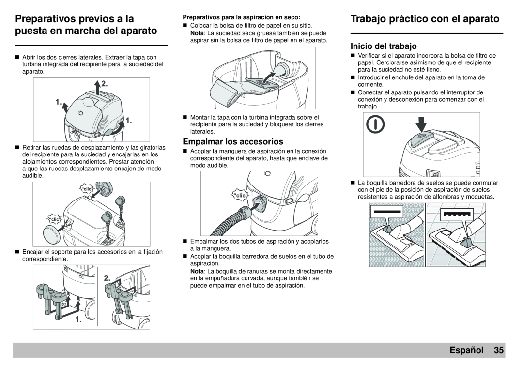 Karcher A 2701 manual Trabajo práctico con el aparato, Empalmar los accesorios, Inicio del trabajo, Español 