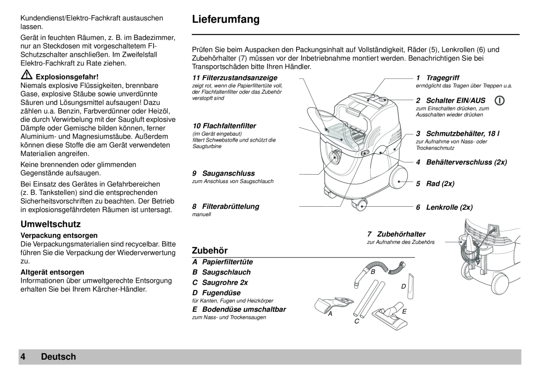 Karcher A 2701 manual Lieferumfang, Umweltschutz, Zubehör, Deutsch 