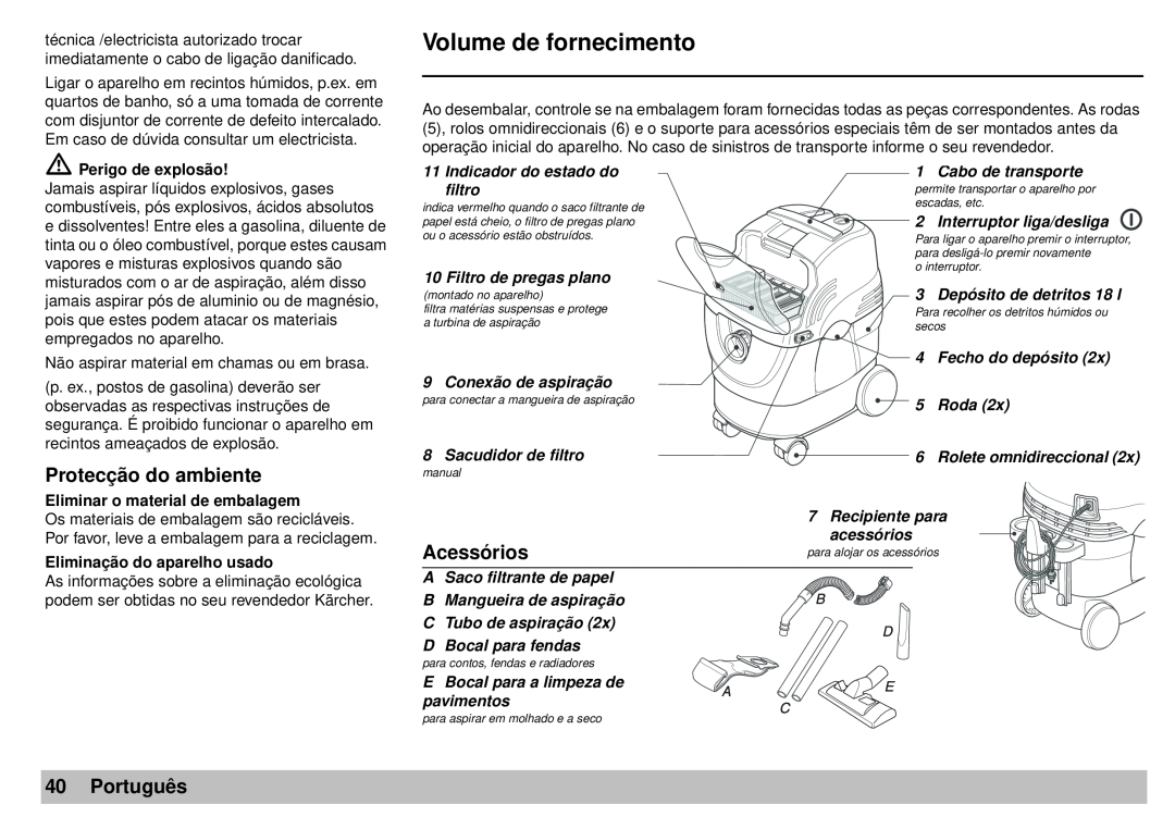 Karcher A 2701 manual Volume de fornecimento, Protecção do ambiente, Acessórios, Português 