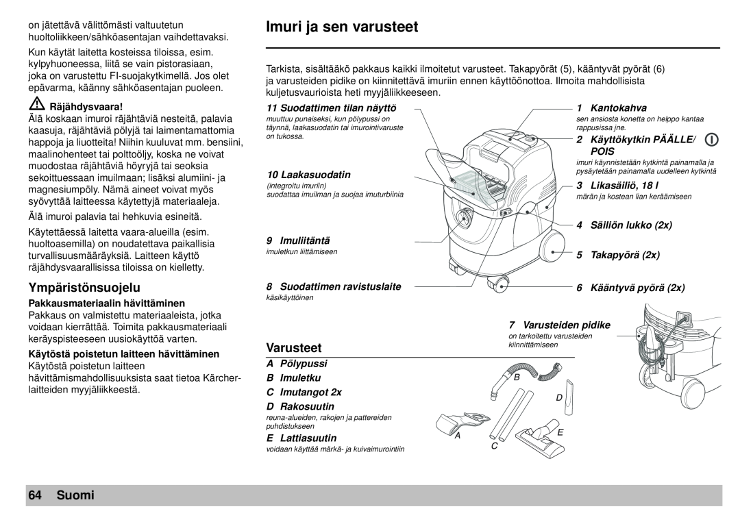 Karcher A 2701 manual Imuri ja sen varusteet, Ympäristönsuojelu, Varusteet, Suomi 