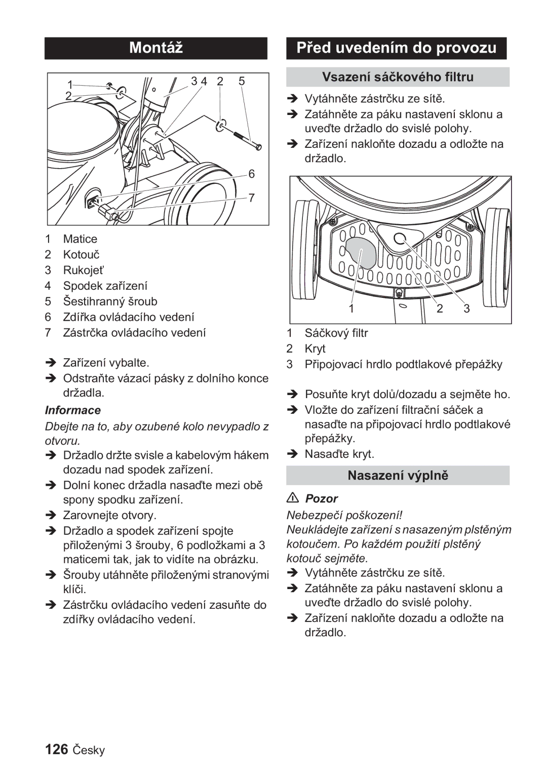 Karcher BDP 1500, BDP 50 manual Montáž, Vsazení sákového filtru, Nasazení výpln, Informace 