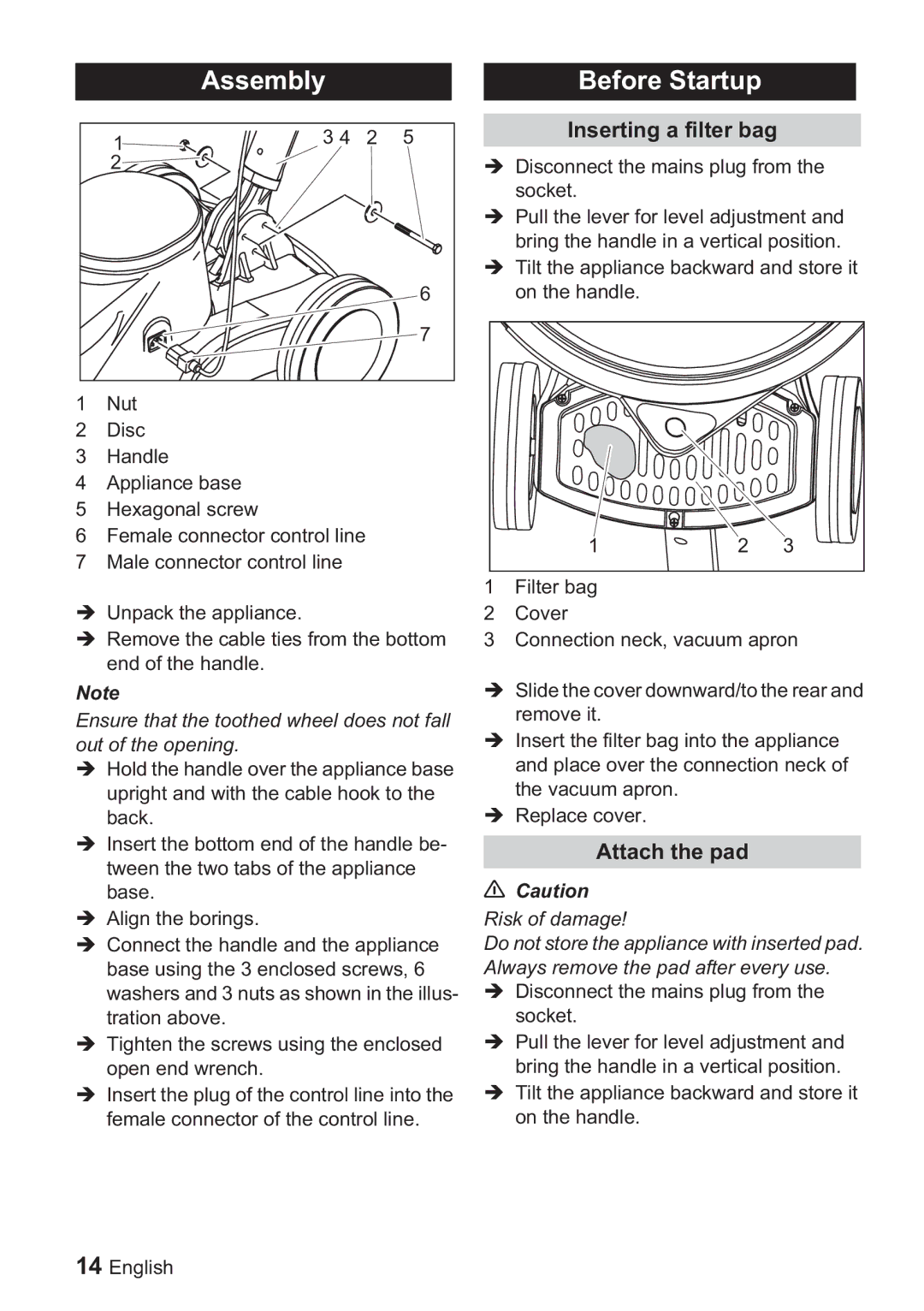 Karcher BDP 1500, BDP 50 manual Assembly, Before Startup, Inserting a filter bag, Attach the pad, Risk of damage 