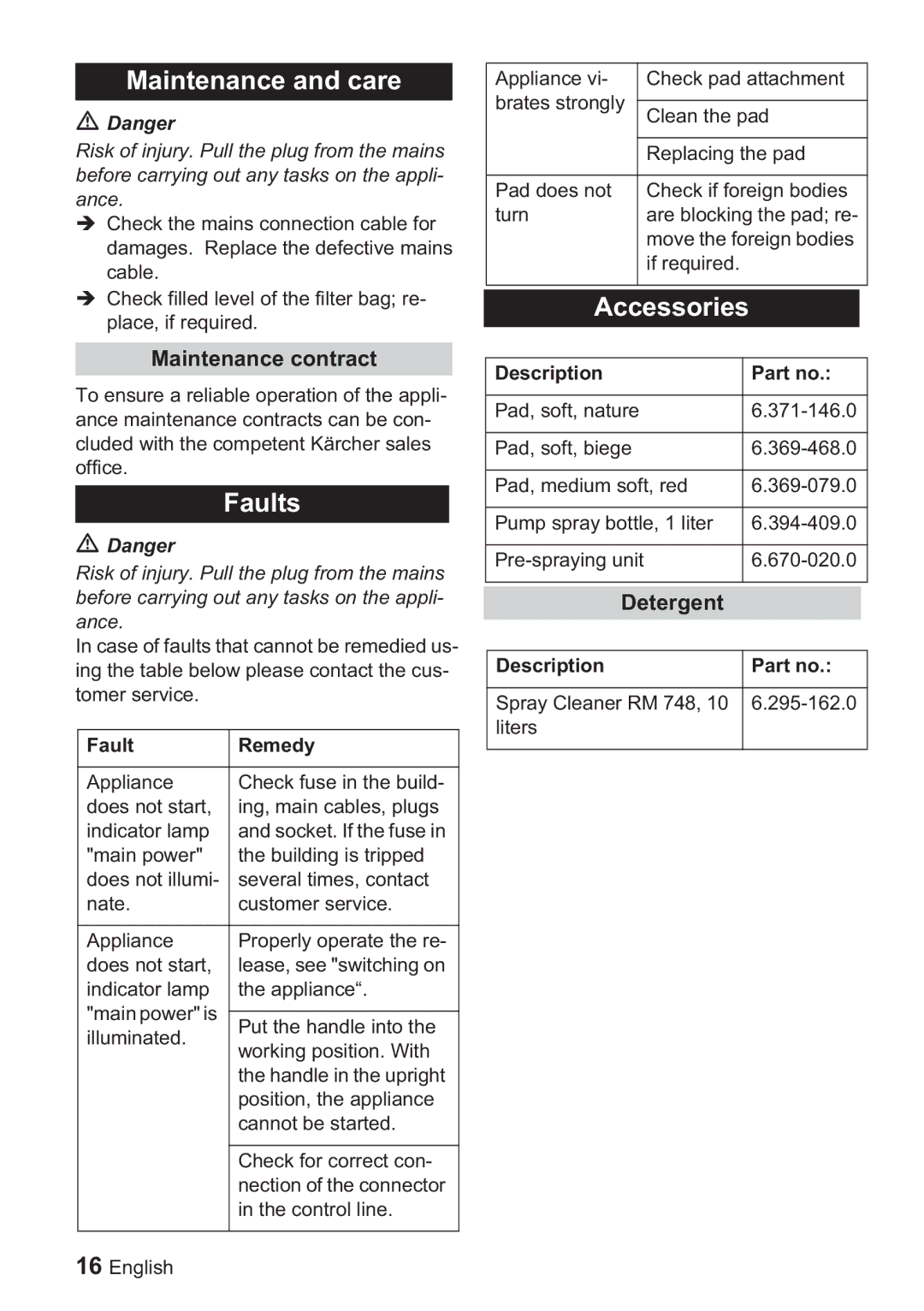 Karcher BDP 1500, BDP 50 manual Maintenance and care, Faults, Accessories, Maintenance contract, Detergent 
